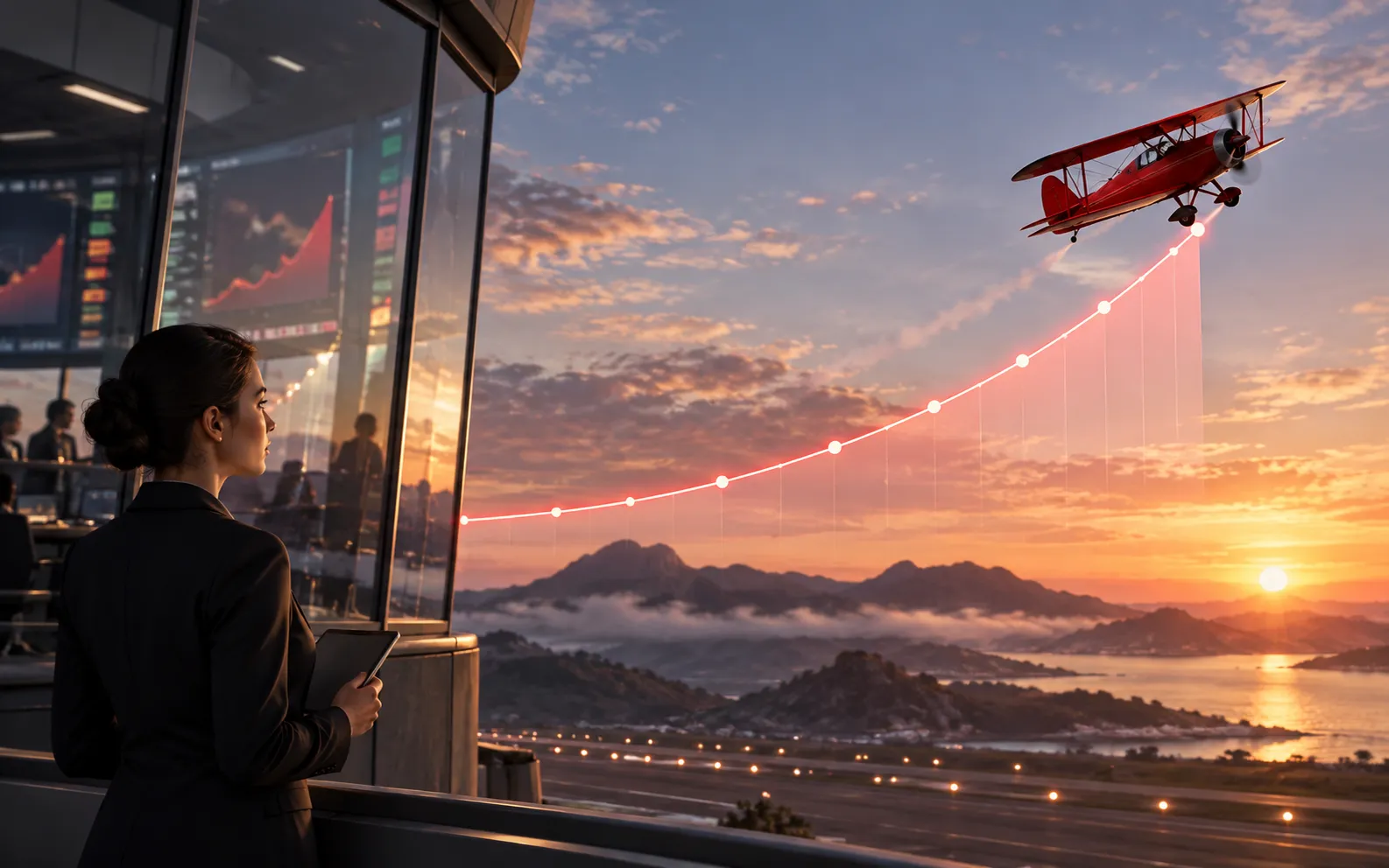 Editorial visualisation of a biplane climbing beside a projected graph
