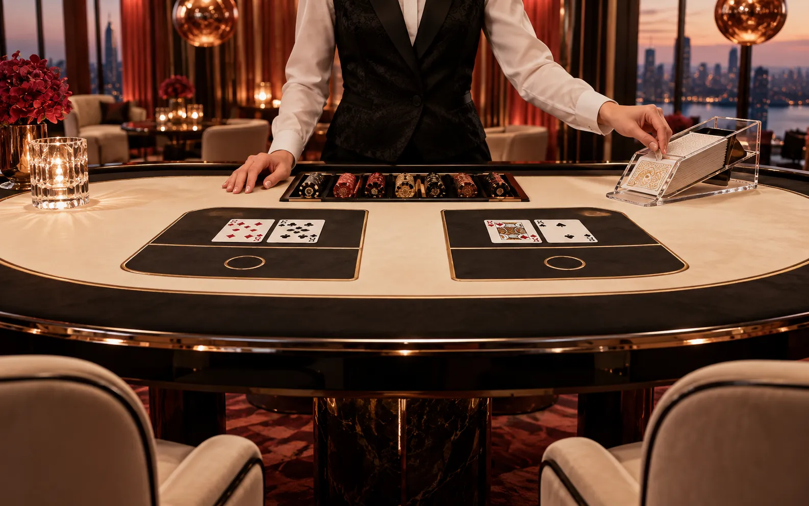 Editorial visualisation of a live baccarat salon inside a tower
