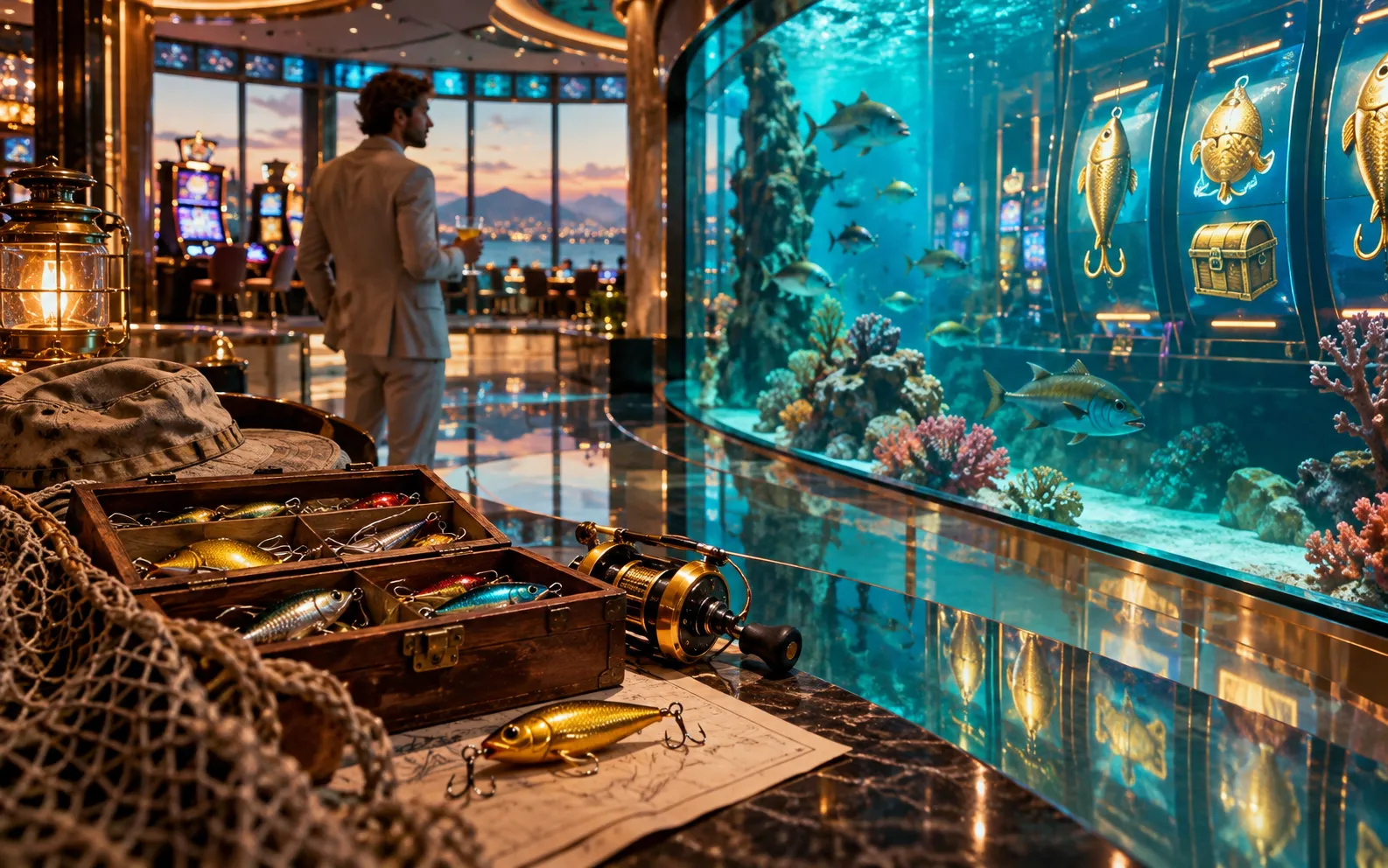 Editorial visualisation of fishing tackle and aquarium reflections at a casino