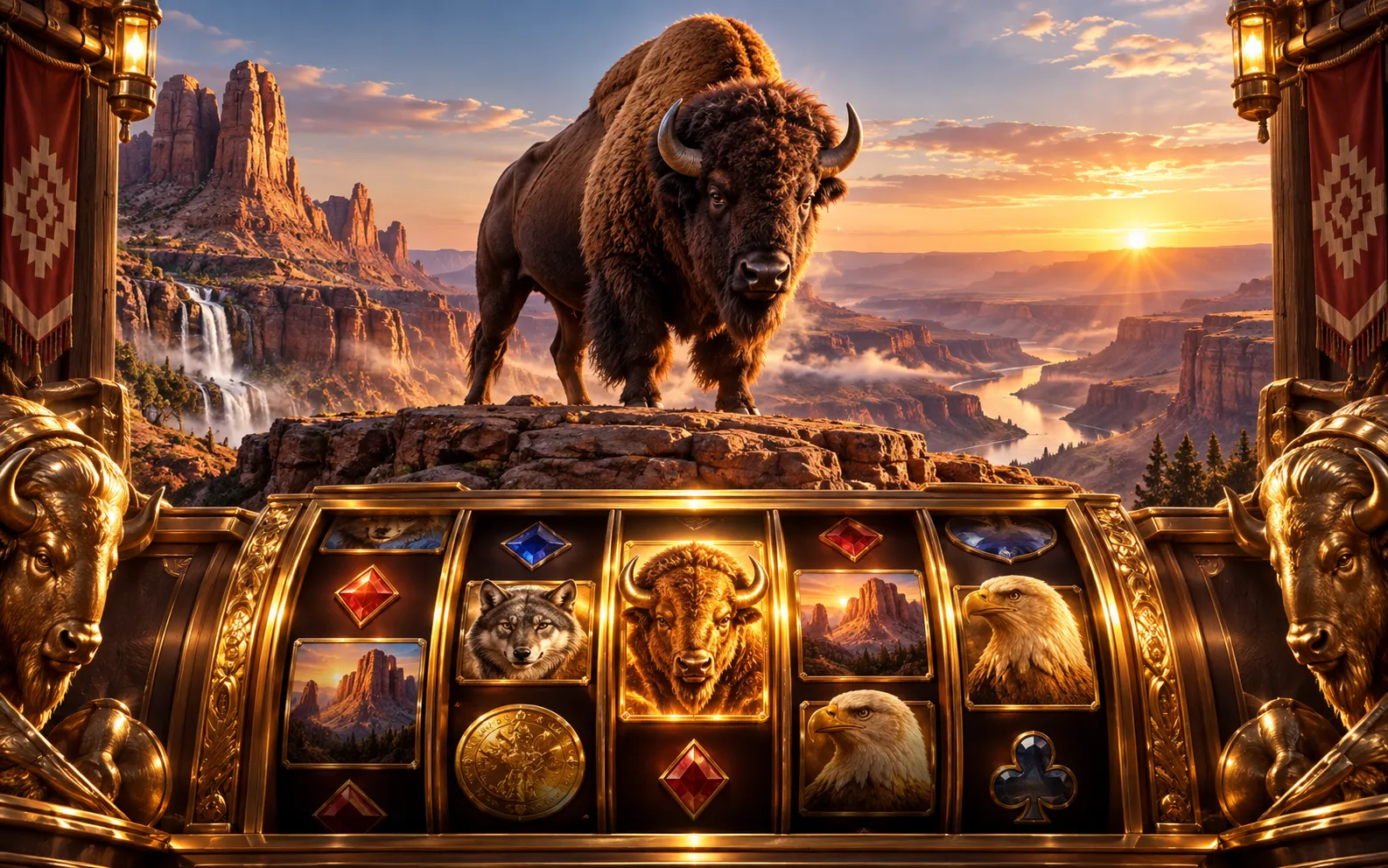 Editorial visualisation of a buffalo framed by golden slot reels