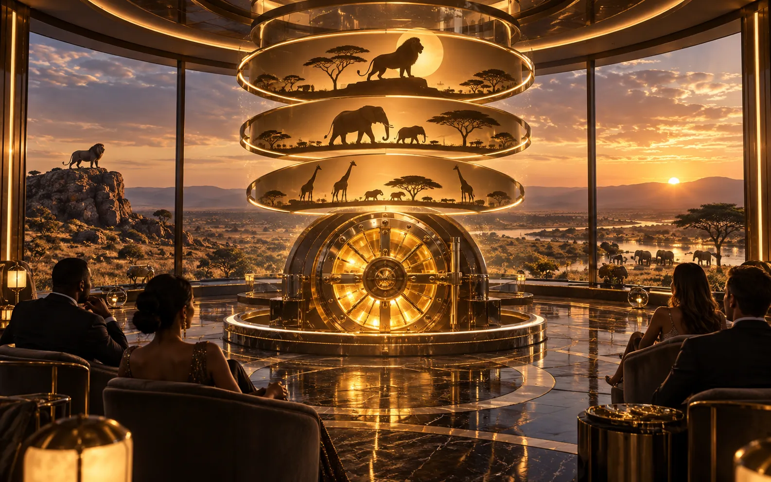 Editorial visualisation of jackpot rings in a savannah observation lounge