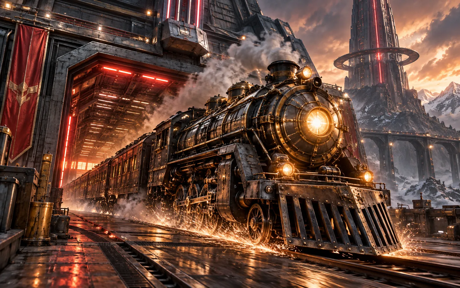Editorial visualisation of an armoured steam train in a neon depot