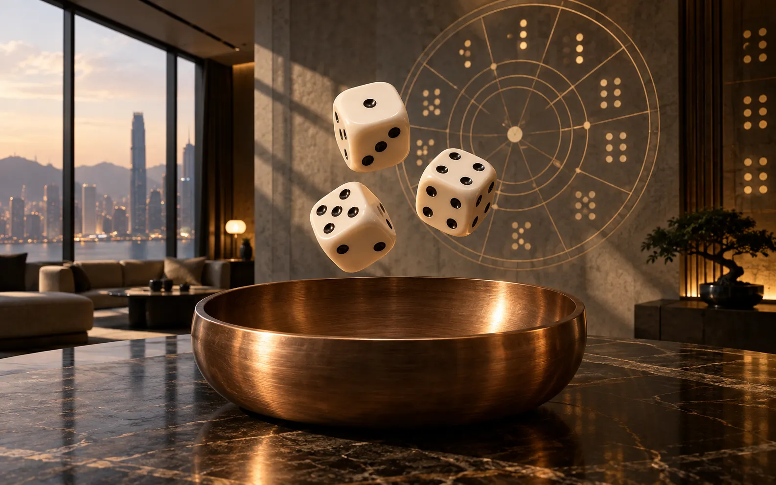 Editorial visualisation of three luminous dice above a copper bowl