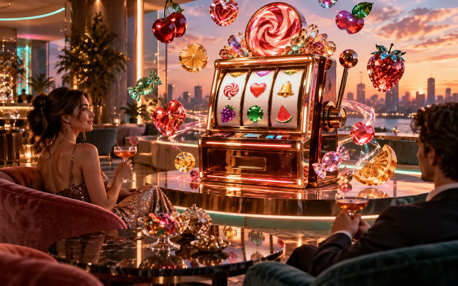 Editorial visualisation of a candy-style casino game in a rooftop lounge