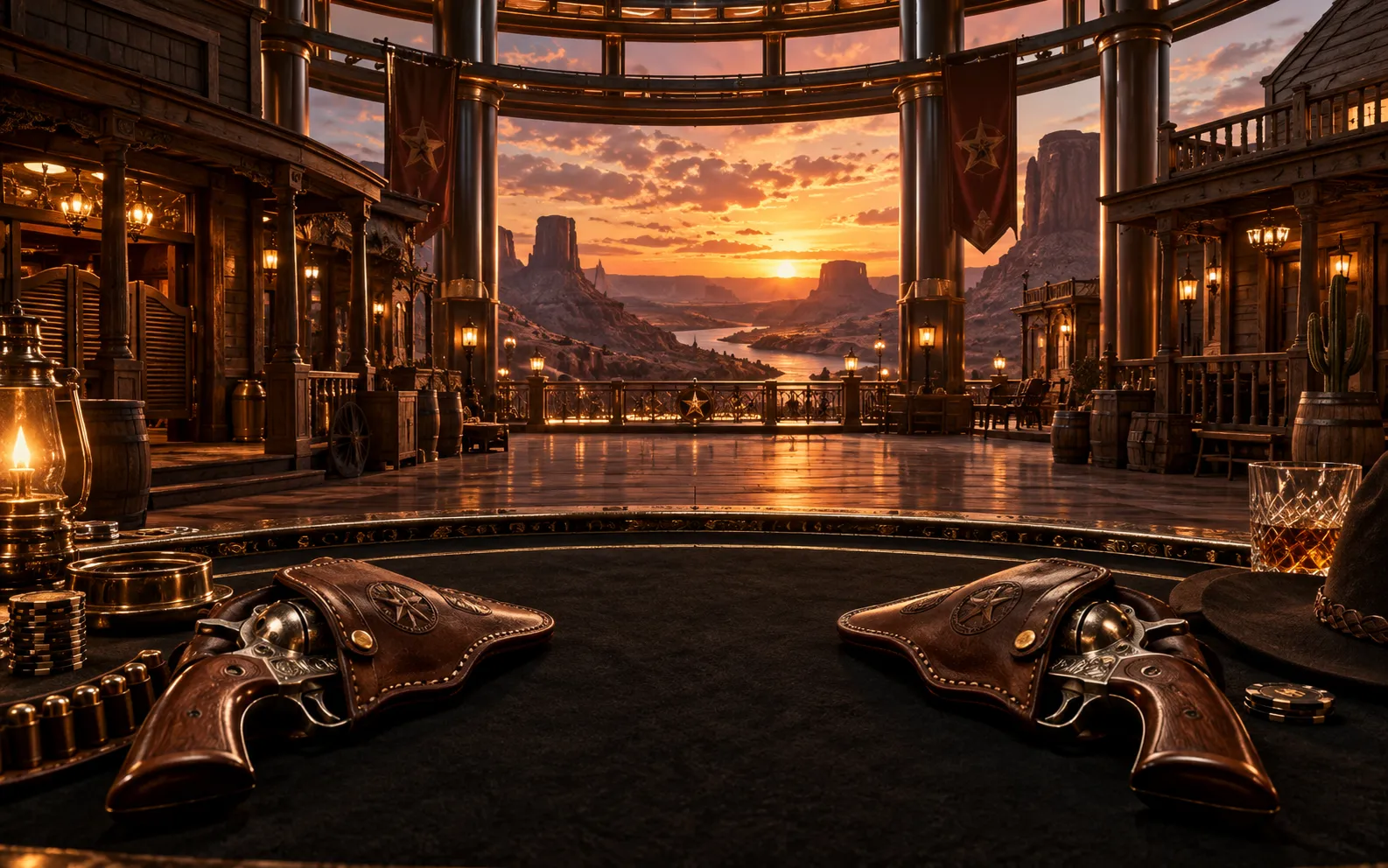Editorial visualisation of a western casino set with revolvers on felt