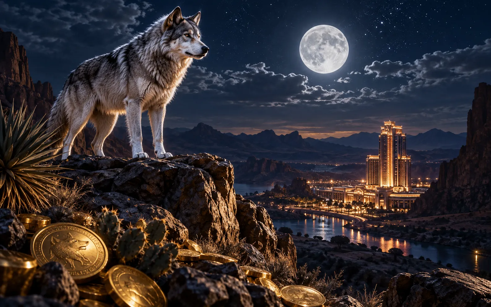 Editorial visualisation of a silver wolf above a glowing casino tower